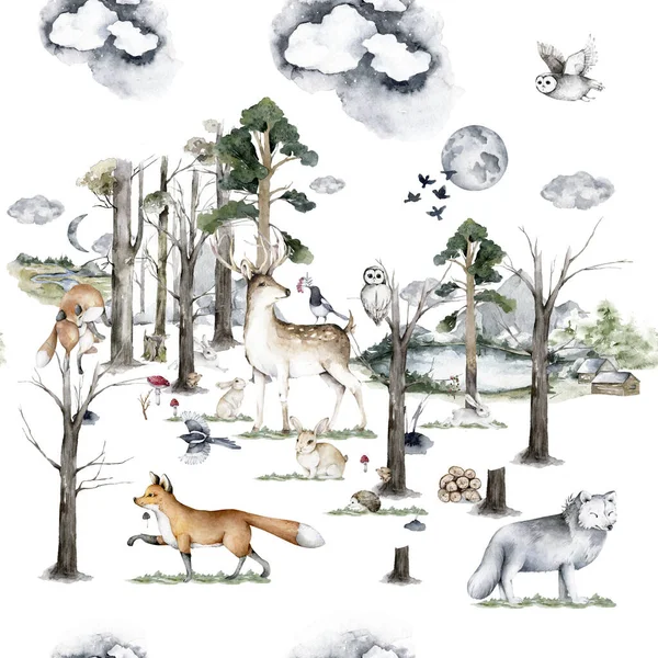 Woodland hayvanları suluboya desenli. Baykuş, kirpi, tilki ve kelebek, kuş yavrusu hayvanlı kumaş duvar kağıdı arka planı
