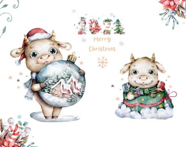 Mavi arka planda Noel Baba şapkalı şirin çizgi film boğası.