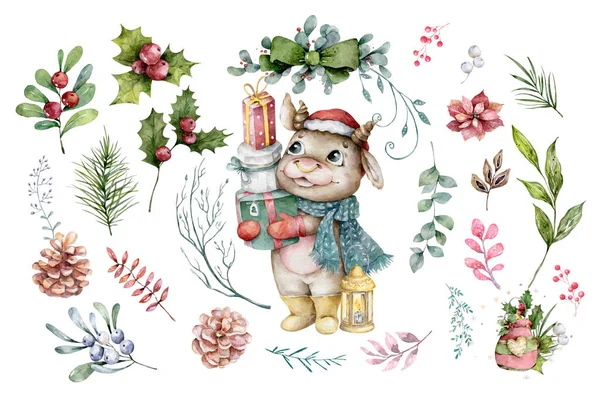 Mavi arka planda Noel Baba şapkalı şirin çizgi film boğası.