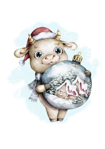 Söt Tecknad Bull Santa Hatt Blå Bakgrund — Stockfoto