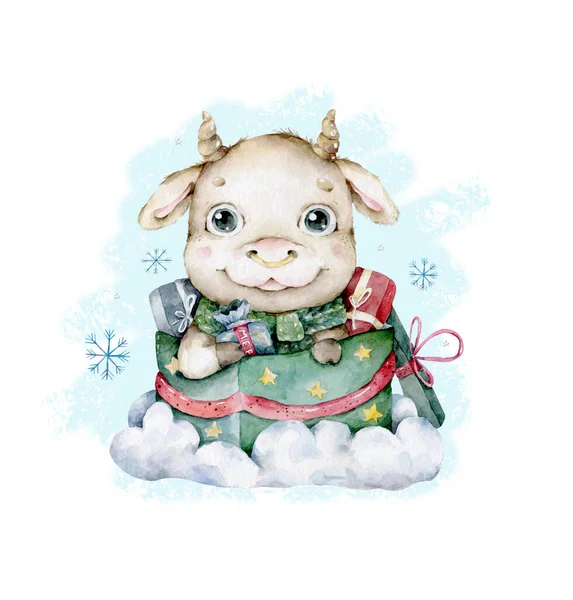 Cute Cartoon Bull Kapeluszu Santa Niebieskim Tle — Zdjęcie stockowe