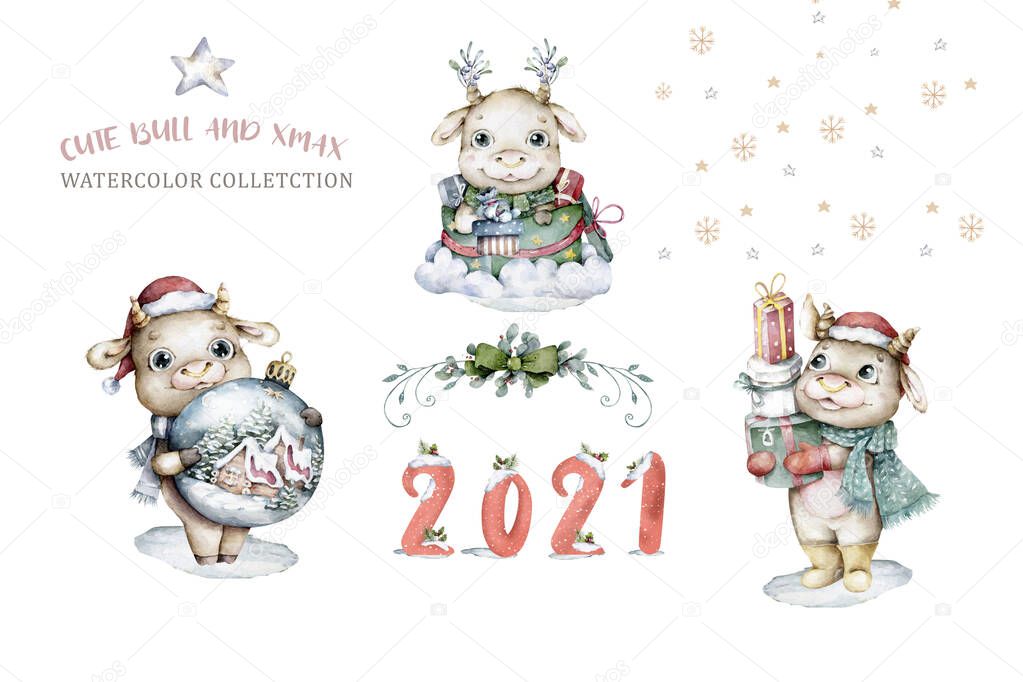 Happy Chinese new year greeting card. 2021 Ox zodiac. Cute cow and gold money. Animal holidays cartoon character. Translate: Ox. -