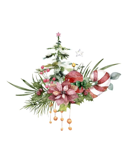 Greeting Card Pine Branches Holly Berries Leaves Fern Botanical Illustration — Stock Photo, Image