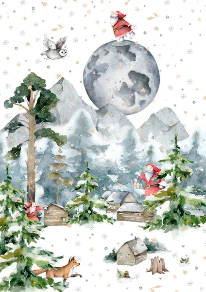 冬季背景 有滑冰圣诞老人 雪花和冷杉树 — 图库照片