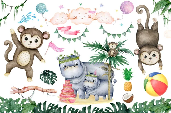 Tatlı bebek Hippo El beyaz arka planda suluboya çizimi.
