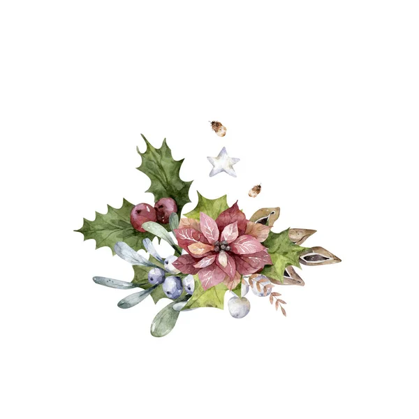Buquê Floral Natal Com Poinsettia Ramos Abeto Ilustração — Fotografia de Stock