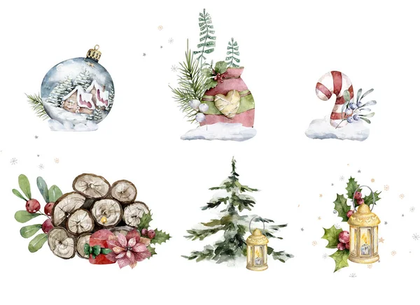 Aquarel Kerstkrans Set Met Kerstboom Sparren Takken Bloemen Bessen Een — Stockfoto