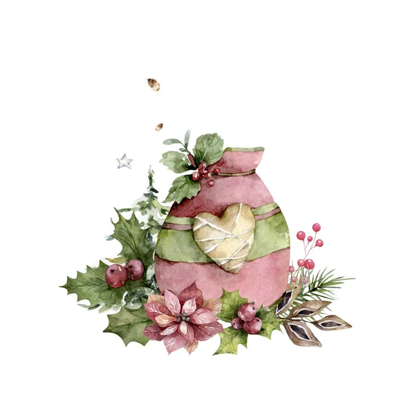 Weihnachtlicher Blumenstrauß Mit Weihnachtsstern Und Tannenzweigen Illustration — Stockfoto