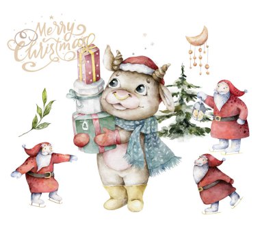 Mutlu Çin yılbaşı tebrik kartları. 2021 Zodyak. Hediye kutusu olan şirin bir inek. Hayvan bayramı çizgi filmi İskandinav Noel Baba karakteri. Beyaz arkaplanda el çizimi suluboya çizimi