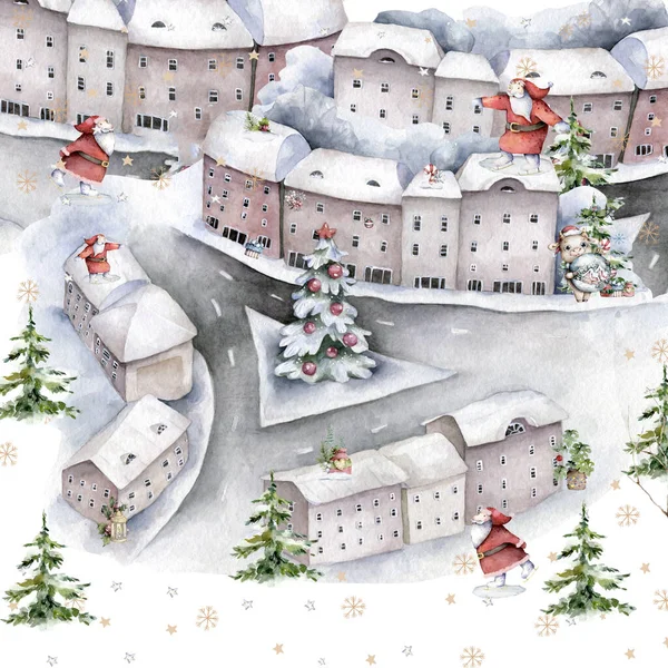 Frohe Weihnachten auf dem Stadtplatz rund um den Weihnachtsmann und den Baum unter dem Schnee. Handgezeichnete Winter isolierte Illustration — Stockfoto