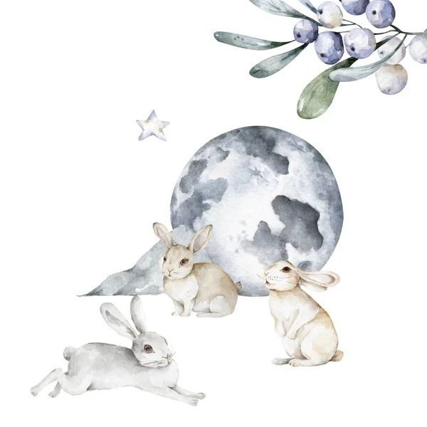 Conjunto aquarela de coelho branco com lua em diferentes poses. Um adorável animal escandinavo. Ilustração desenhada à mão isolada sobre fundo branco. Cartaz de design — Fotografia de Stock