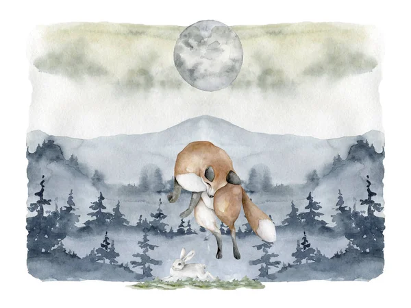 Illustrations scandinaves renard animal en forêt. Réaliste hiver mignon marche rouge renard sauvage isolé illustration sur fond blanc. — Photo