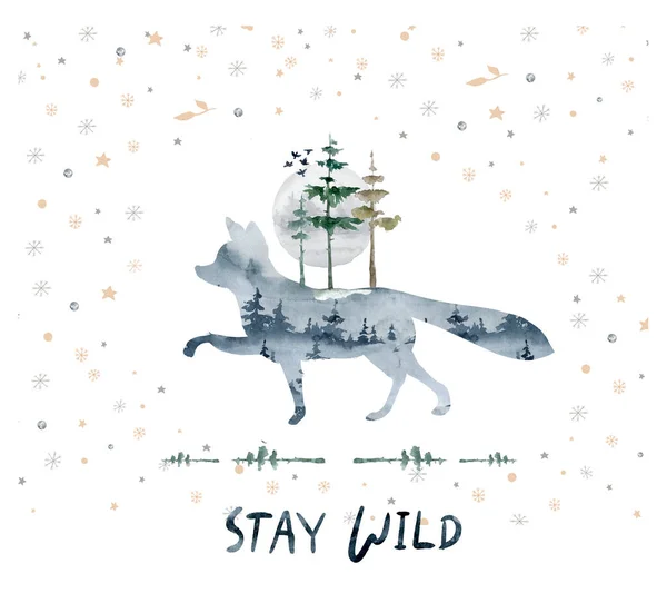 Illustrazioni scandinave animale volpe con luna. Illustrazione realistica della fauna selvatica per design, logo, scheda — Foto Stock