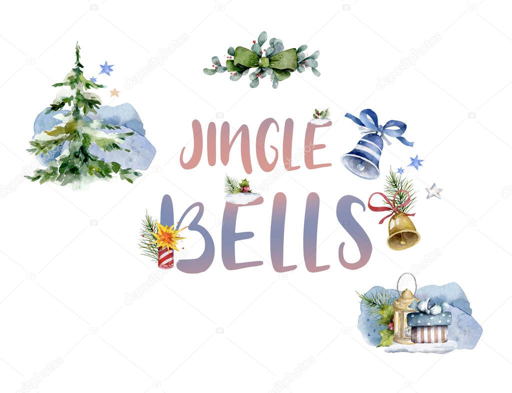 Jingle bells sign icon decorated with shiny golden bell and green leaves with red berries.  illustration with Christmas symbol isolated on white
