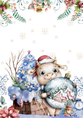 Mutlu Çin yılbaşı tebrik kartları. 2021 Ox Zodyak. Şirin inek ve altın para. Hayvan bayramı çizgi film karakteri. Çeviri: Öküz. -