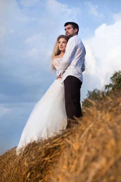 Hermosa pareja novia y novio de pie en el heno contra el cielo —  Fotos de Stock