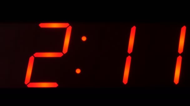 Close Huge Black Dark Clock Digital Display Screen Showing Time — Stock Video