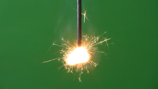 Match Ilumina Sparkler Ele Começa Queimar Espumante Contra Fundo Verde — Vídeo de Stock