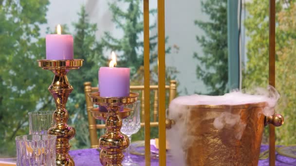 Beautiful Purple Golden Color Colour Dinner Set Setting Candles Liquid — Stock Video