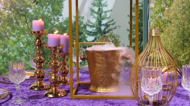 Purple Golden Color Colour Dinner Setting Burning Candles Liquid Nitrogen — Stock Video