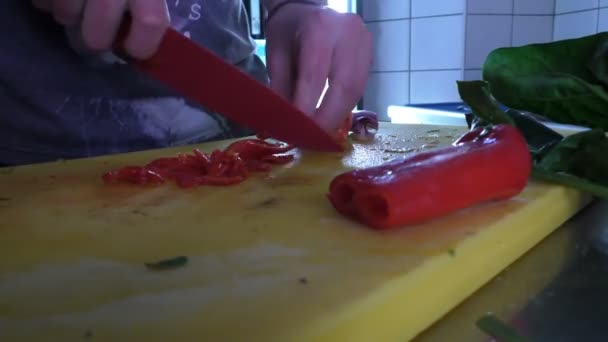 Professionale Greco Cuoco Preparare Omelette Omelette Ingredienti Tritare Verdure Cucina — Video Stock