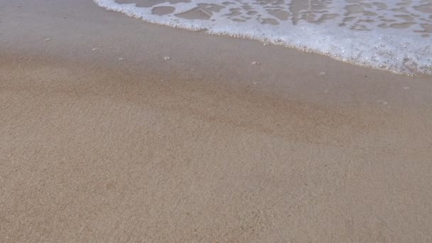 Wasserkante Meereswelle Mit Weißem Schaum Wischt Flachen Glatten Strand Sand — Stockvideo