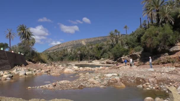 Tanınmayan Turistik Aile Yürüyüş Nehir Yatağı Yakınındaki Tamzergourte Fas Üzerinde — Stok video