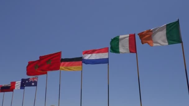 爱尔兰 意大利 摩洛哥 澳大利亚 俄罗斯和奥地利的国旗在旗杆上在一条线上向晴朗的蓝天挥手致意 — 图库视频影像