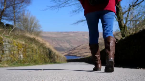 Low Angle Blurred View City Woman Wearing Red Jacket Walking — Stock Video