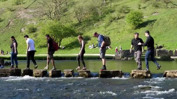 Dovedale Ilam England Reino Unido Maio 2019 Pessoas Cruzando Rio — Vídeo de Stock