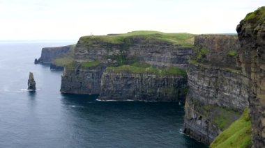 Moher 'in muhteşem uçurumlarının yanından uçan kuşlar, İrlanda Cumhuriyeti' nin popüler turizm beldeleri..