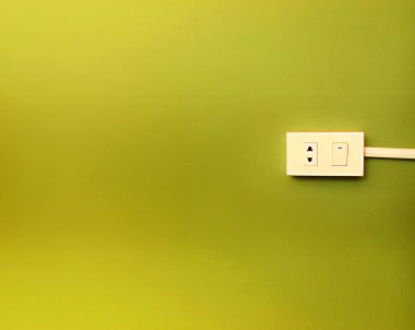 Yeşil duvar arka planında elektrik anahtarı ve fişi        