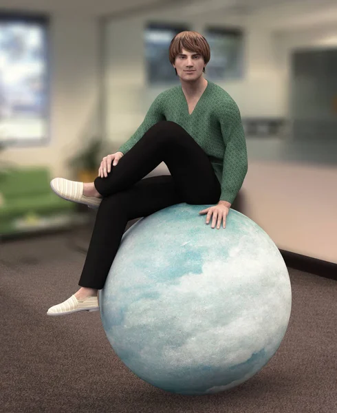 Composite image depicting the \'on the ball\' concept, utilizing a 3D male figure model in a office setting