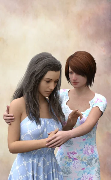 Bir 3d render rahatlatıcı ve başka bir, önden görünüm destekleyen bir 3d kadın figürü