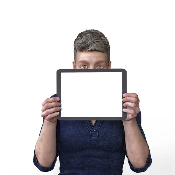3D şekil render bir erkek içerik için boş bir tablet tutarak ve sinirlilik utangaçlık gösteren