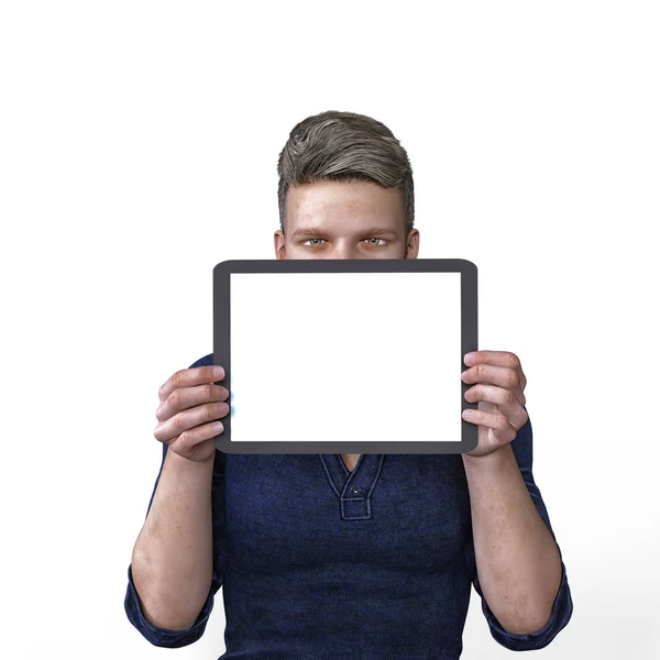 İçerik için boş bir tablet tutan ve ilgi gösteren bir erkek 3d render