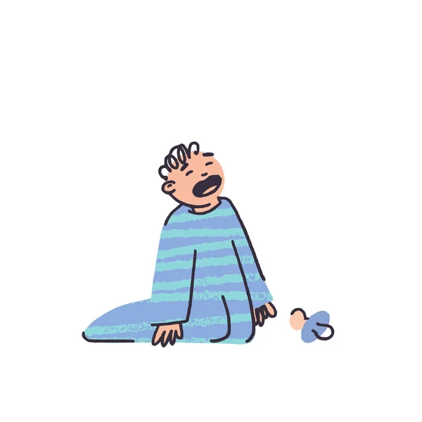 Little boy crying in pajamas in flat style vector illustration. Nipple fell. Blue striped sleep suit. Child with fair skin. Small children in the family — Stock Vector