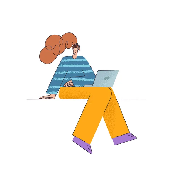 Kvinna med laptop i händerna. Affärsmän. Fjärrstyrt arbete. Person vektor koncept bilder i platt stil. Nätmöte — Stock vektor