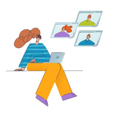 Uzaktan kumanda ekibi çalışması. Bir grup insanın takım çalışması. İş arkadaşları vektör konsept resimleri. Elinde laptop olan bir kadın. Online toplantı, telekonferans, Webinar. İş Adamları.