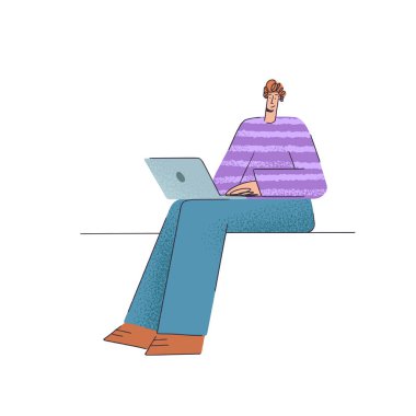 Elinde laptop olan bir adam. Uzaktan kumandalı iş adamları. Uzaktan kumanda ekibi çalışması. Düz şekilde insan vektör konsepti resimleri. Çevrimiçi toplantı