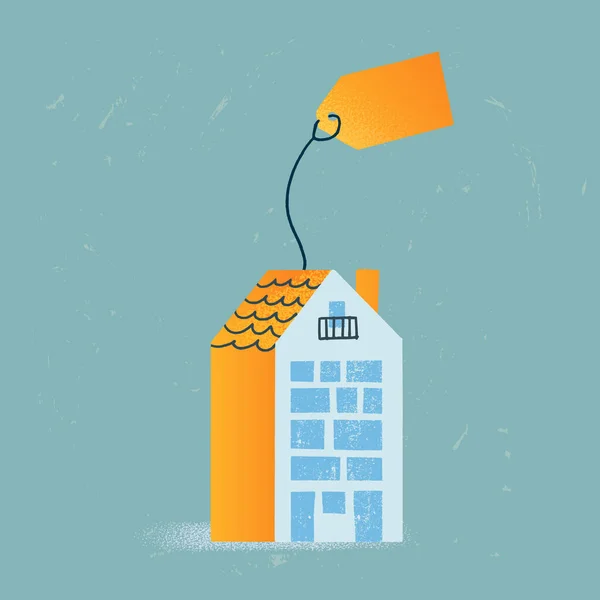Concepto de negocio en bienes raíces, hipoteca, alquiler. edificio de colores en venta o alquiler con una etiqueta de precio. Casa azul y naranja en estilo plano — Archivo Imágenes Vectoriales