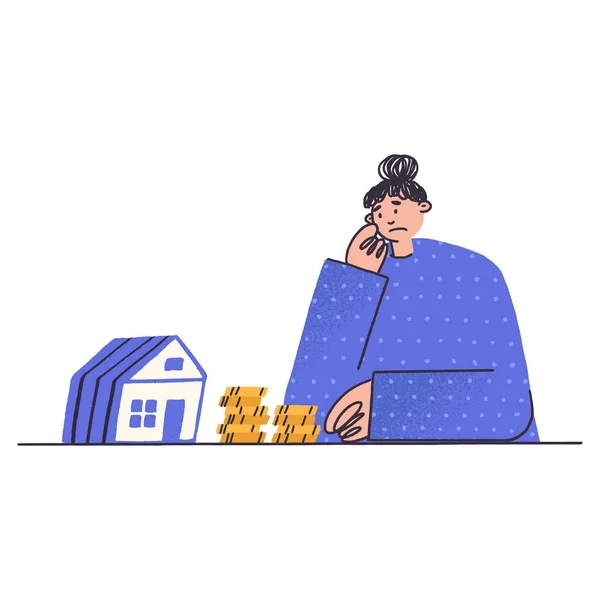 Rozrušená žena hledící na malý domek. Dívka s dům a peníze mince na izolovaném pozadí. Pojem podnikání v oblasti nemovitostí, hypotéky, nájemné, nákup domů, nedostatek peněz na bydlení — Stockový vektor