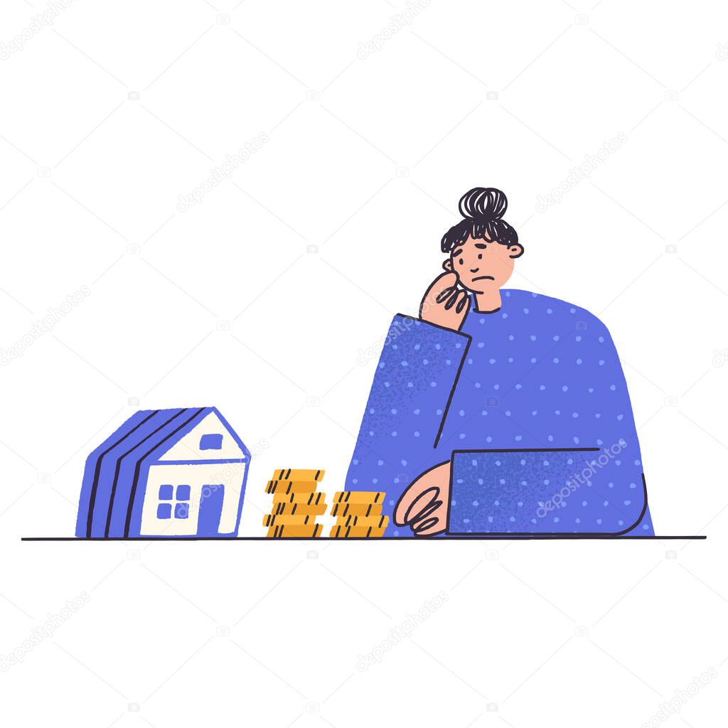 Upset woman looking at small house. Girl with house and money coins on isolated background. Concept of business in real estate, mortgage, rent, home buying , lack of money for housing