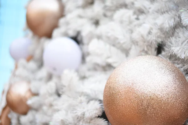 Merry Christmas Happy New Year Closeup Christmas Tree Gold Balls — Stock Photo, Image