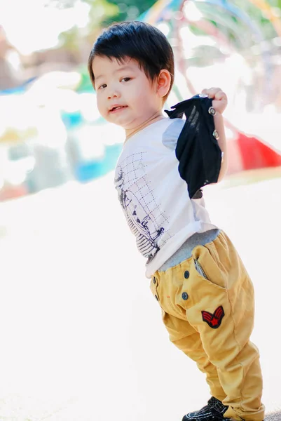 Cute Little Asian Boy Having Fun Playground Outdoors Happy Kids — Stock Photo, Image