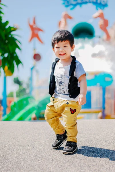 Söt Liten Asiatisk Pojke Att Kul Lekplats Utomhus Happy Kids — Stockfoto