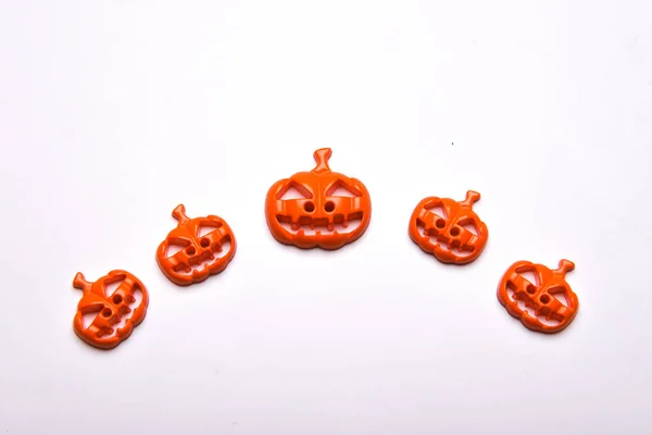 Halloween Decorations Five Pumpkin White Background Halloween Holiday Background Top Stock Picture