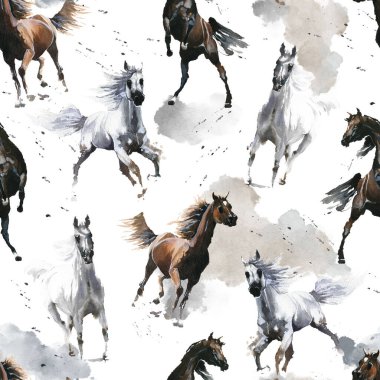 El çizimi. Suluboya çizimi. Güzel karikatür. Kusursuz desen. Atlar beyaz ve koyu kahverengi. Arap vahşi Mustang 'i. Beyaz arka plan. Pastel renk. Kumaş, keten ve diğer dokular için..