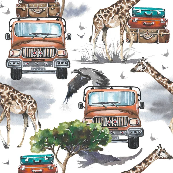 Hand Drawn Illustration Watercolor Seamless Pattern Cute Cartoon Giraffe Jeep — Stock Photo, Image