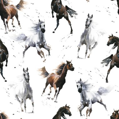 El çizimi suluboya çizimi. Güzel karikatür. Kusursuz desen. Atlar beyaz ve koyu kahverengi. Vahşi Arap Mustang 'i. Beyaz arka plan. Pastel renk. Kumaş, keten ve diğer dokular için..